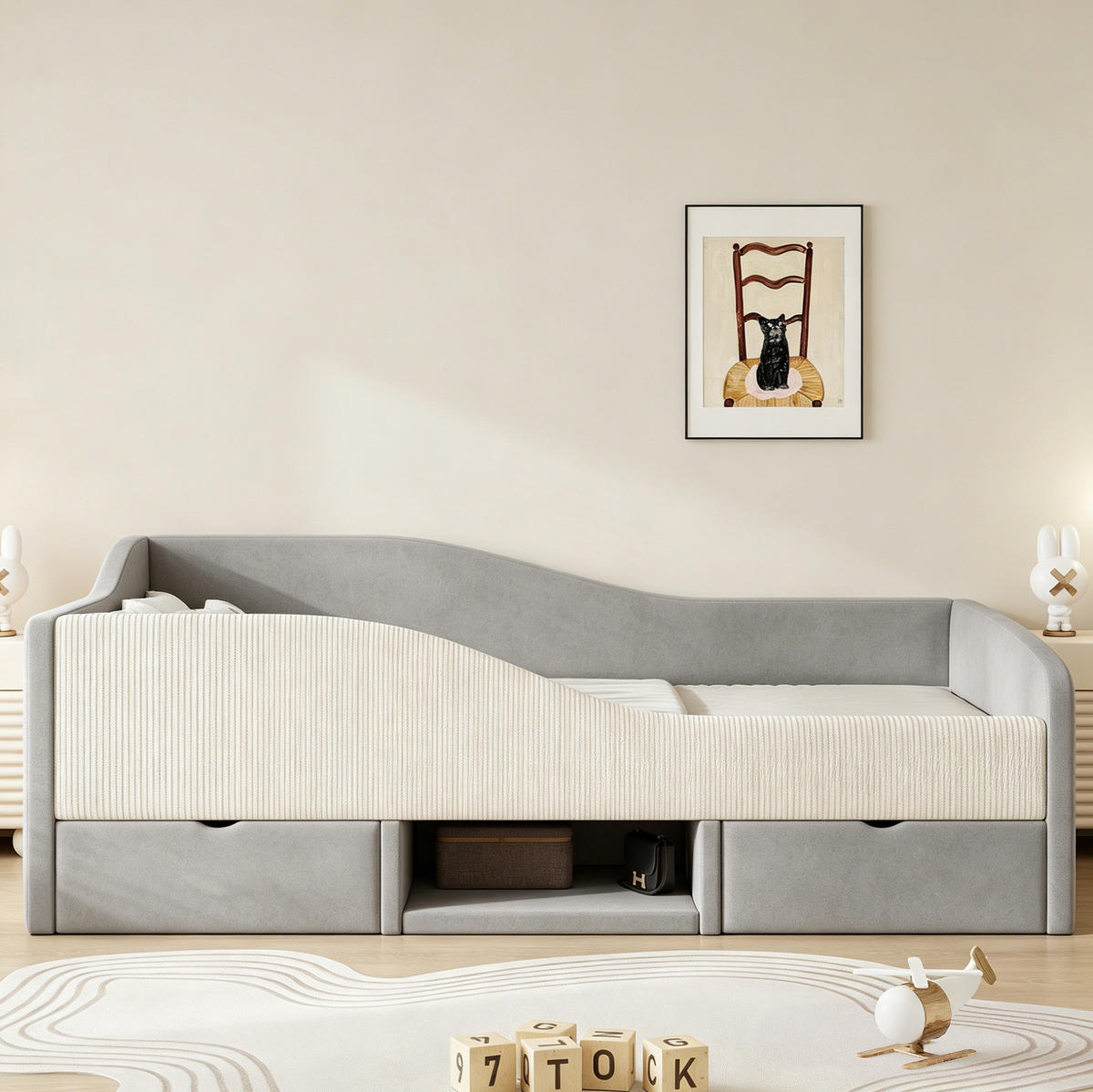 KINDER-POLSTERBETT 90x190 cm in Grau mit Schutzgitter und 2 Schubladen - Grau, Textil (90/190cm) - IVMEU