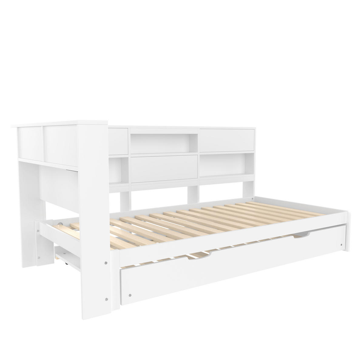 TAGEBETT 90x200cm Weiß Kopfteil Staufach Ausziehbett - Weiß, Holz (90/200cm) - FLIEKS