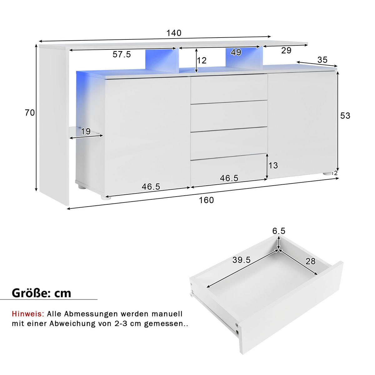 SIDEBOARD 160/35/70 cm weiß aus Spanplatte mit LED - Weiß, Holzwerkstoff (160/70/35cm) - OKWISH