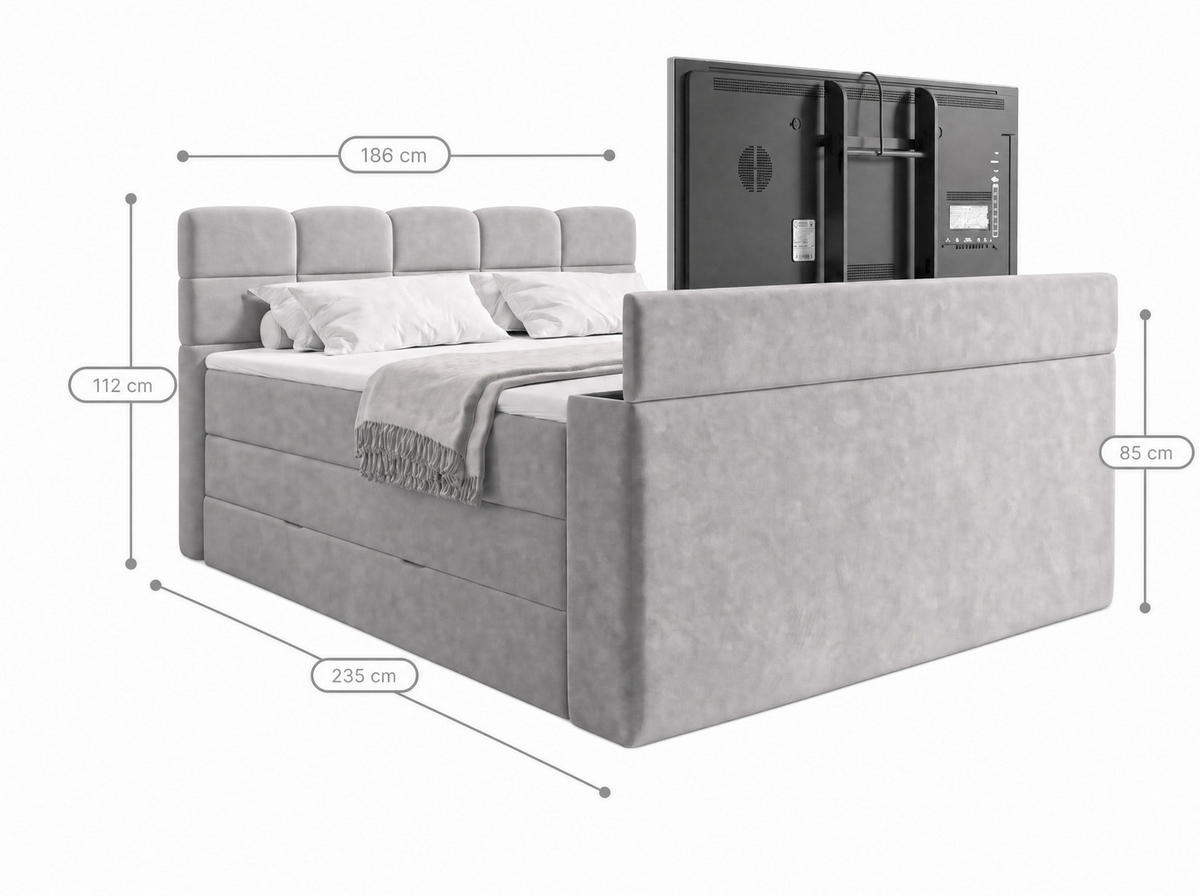 BOXSPRINGBETT Carenzo 3 Hellgrau 180/200 cm H3/H4 Samt inkl. Topper und TV-Lift - Hellgrau, Textil (180/200cm) - wonello