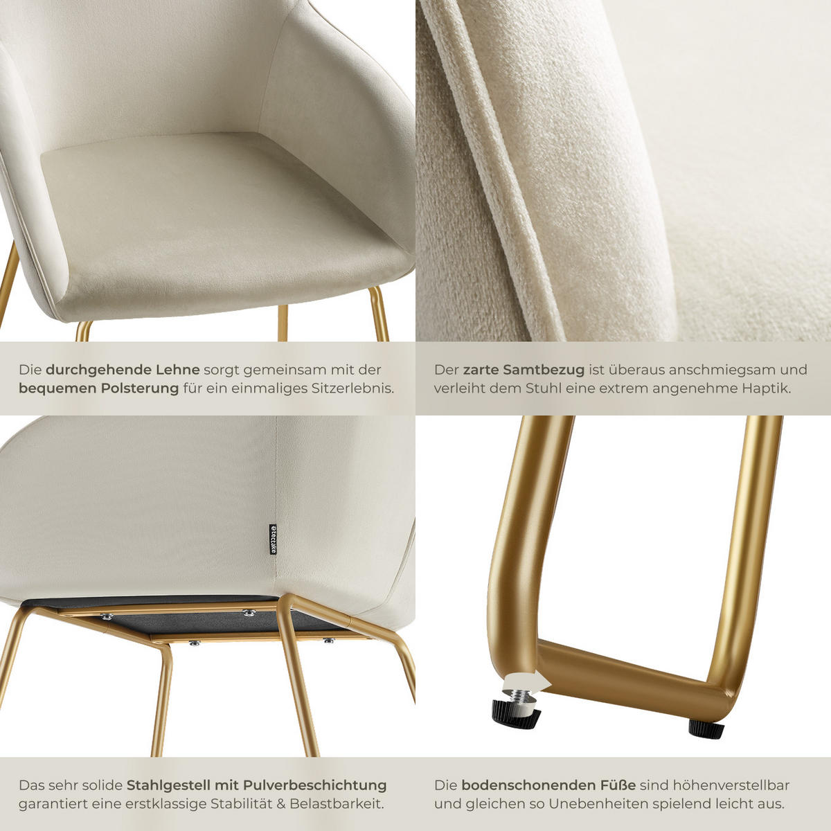 ESSZIMMERSTUHL Jeane,57 x 61 x 85,5 cm, Belastbarkeit 120 kg,Samtoptik creme/gold - Goldfarben/Samtahornfarben, Kunststoff (57/85.5/61cm) - tectake