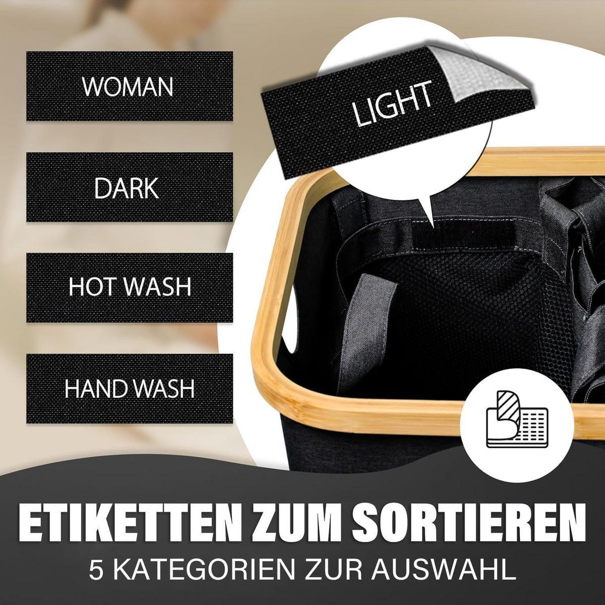 WÄSCHEKORB mit Deckel 160L 3 Fächer Schwarz - Schwarz, Textil (37/74/57cm)