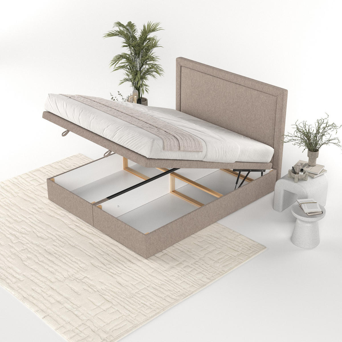 POLSTERBETT Salma mit Stauraum 120/200 cm Beige im Megan Stoff - Beige/Schwarz, Holz/Holzwerkstoff (120/200cm) - AltaBeds