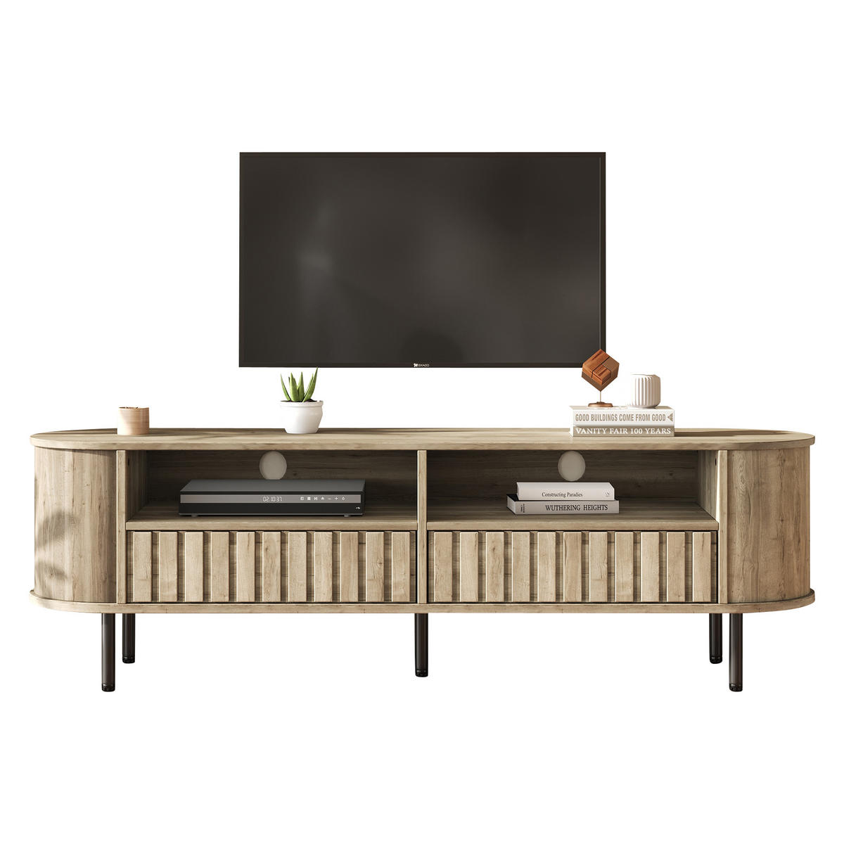 LOWBOARD in Naturfarben TV-Schrank mit Schubladen für 65-Zoll-Fernseher, B160/T40/H48cm - Schwarz/Naturfarben, Holzwerkstoff/Metall (160/48/40cm) - STILVORA