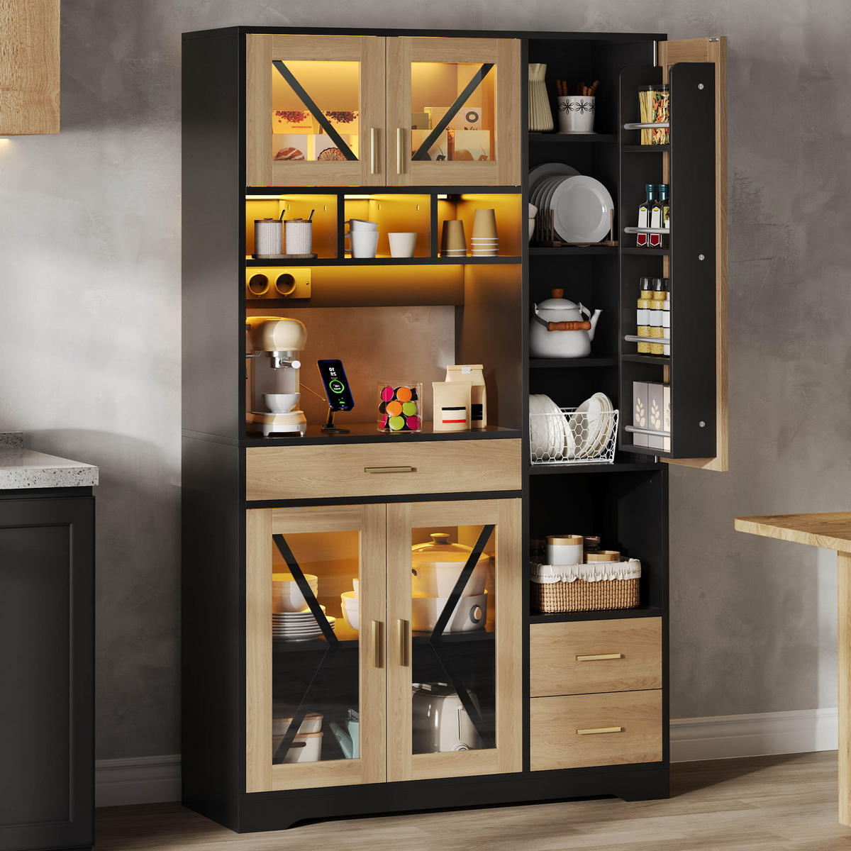 MEHRZWECKSCHRANK mit LED-Beleuchtung, Steckdosen, Schublade und verstellbaren Einlegeböden 185/105/40 cm - Naturfarben, Glas/Holzwerkstoff (105/185/40cm) - EVRYAE