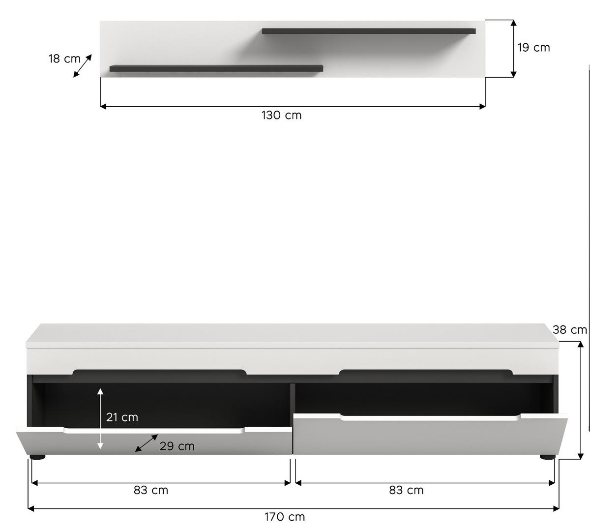 WOHNWAND weiß, grau mit TV-Lowboard hängend / stehend und Wandboard 170 cm, Cooper - Schwarz/Weiß, Holzwerkstoff/Kunststoff (170/180/33cm) - Inn.Furn