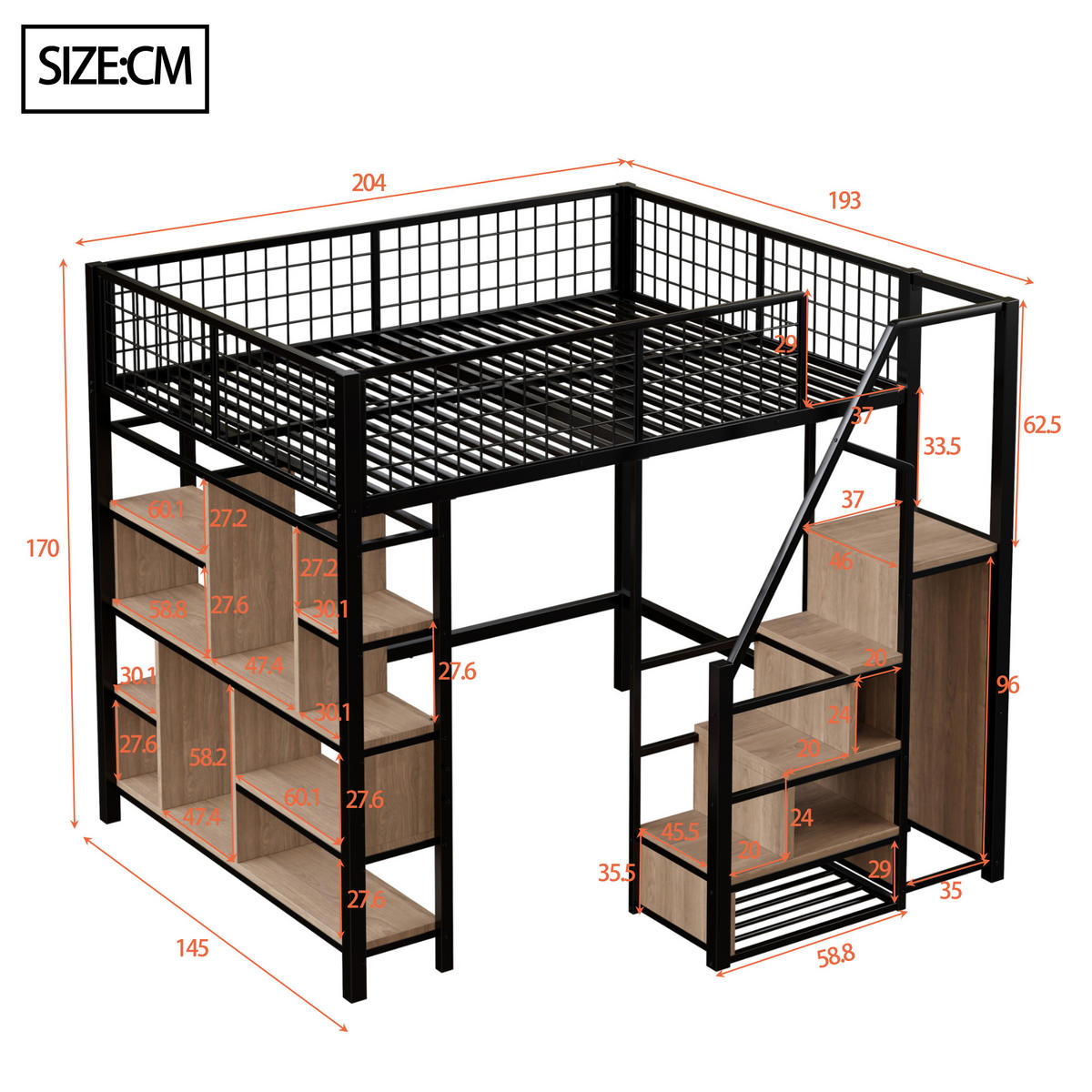 HOCHBETT 140/200 cm Schwarz Metallbett mit Stauraumtreppe - Schwarz, Metall (140/200cm) - OKWISH