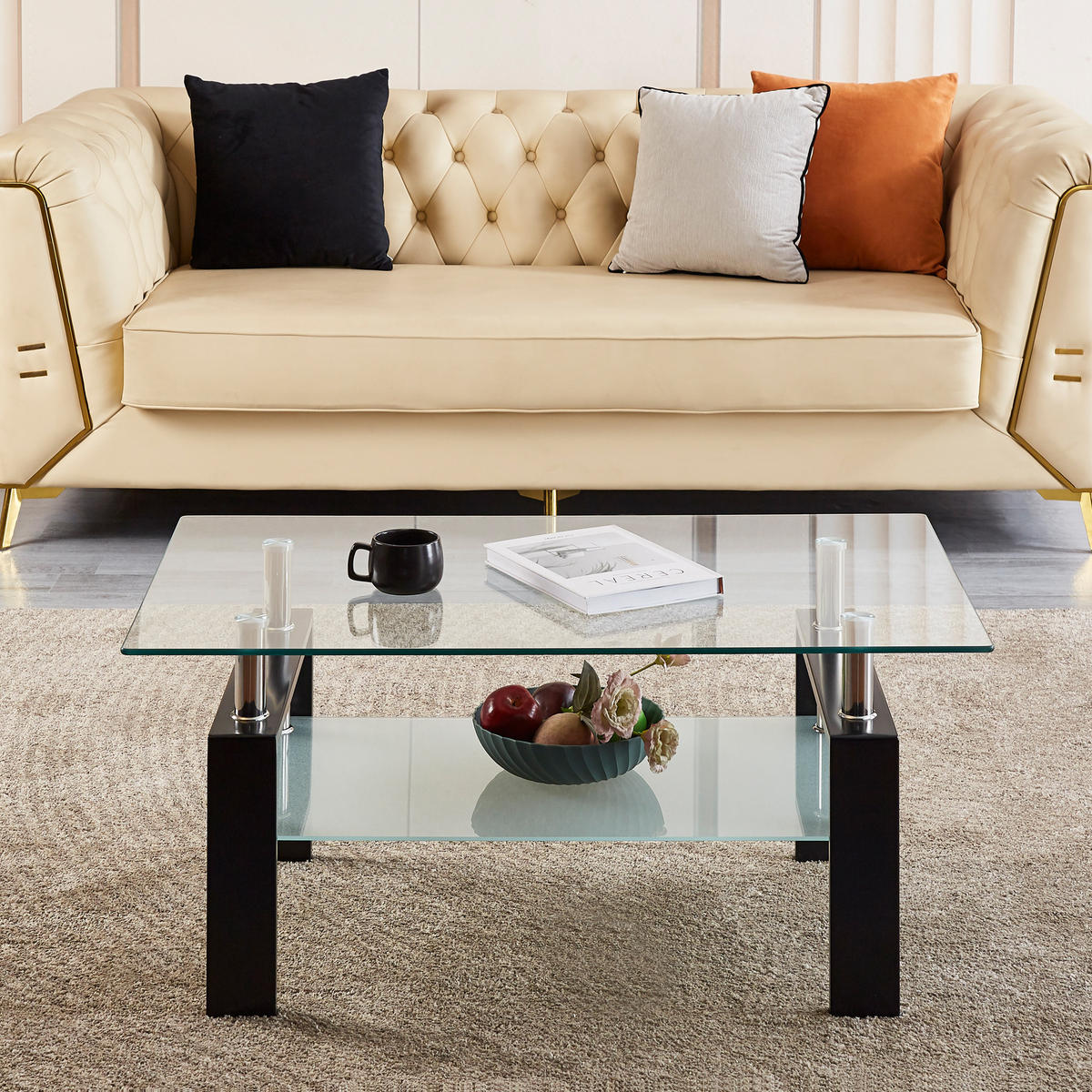 COUCHTISCH DE-37396 rechteckig mit zweistufigem Glas Schwarz - Schwarz, Metall (100/60/44cm) - ComfortXL