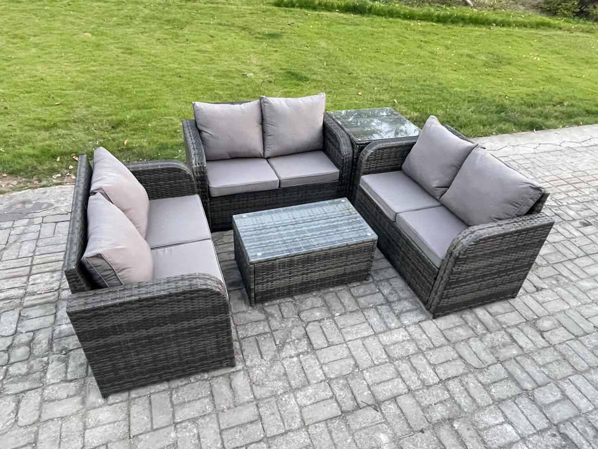 GARTENMÖBELGARNITUR mit KISSEN Polyrattan Dunkelgrau 6-Sitzer - Dunkelgrau/Grau, Glas/Kunststoff - Fimous