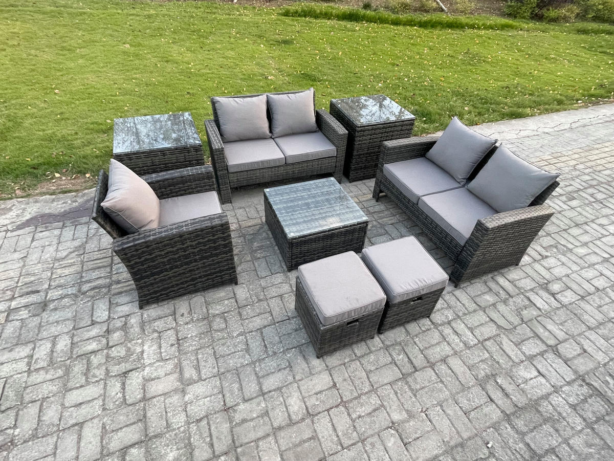 GARTENSOFA mit hoher Rückenlehne Polyrattan Dunkelgrau 7-Sitzer - Dunkelgrau, Metall - Fimous