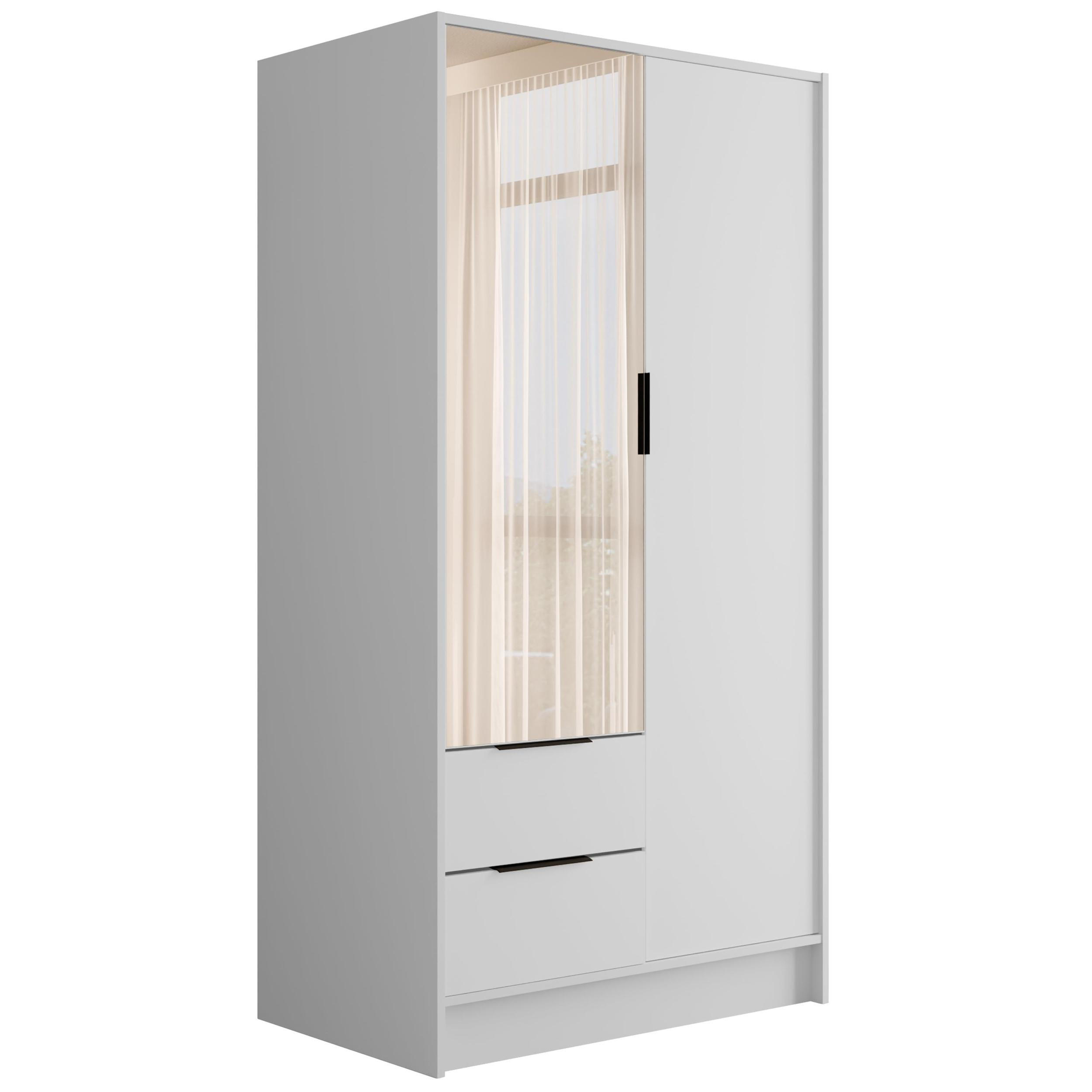 KLEIDERSCHRANK mit Spiegel und Flügeltüren KOLIN 100x200cm Weiß/Weiß - Weiß, Holzwerkstoff (102/200/51cm) - ALTDECOR