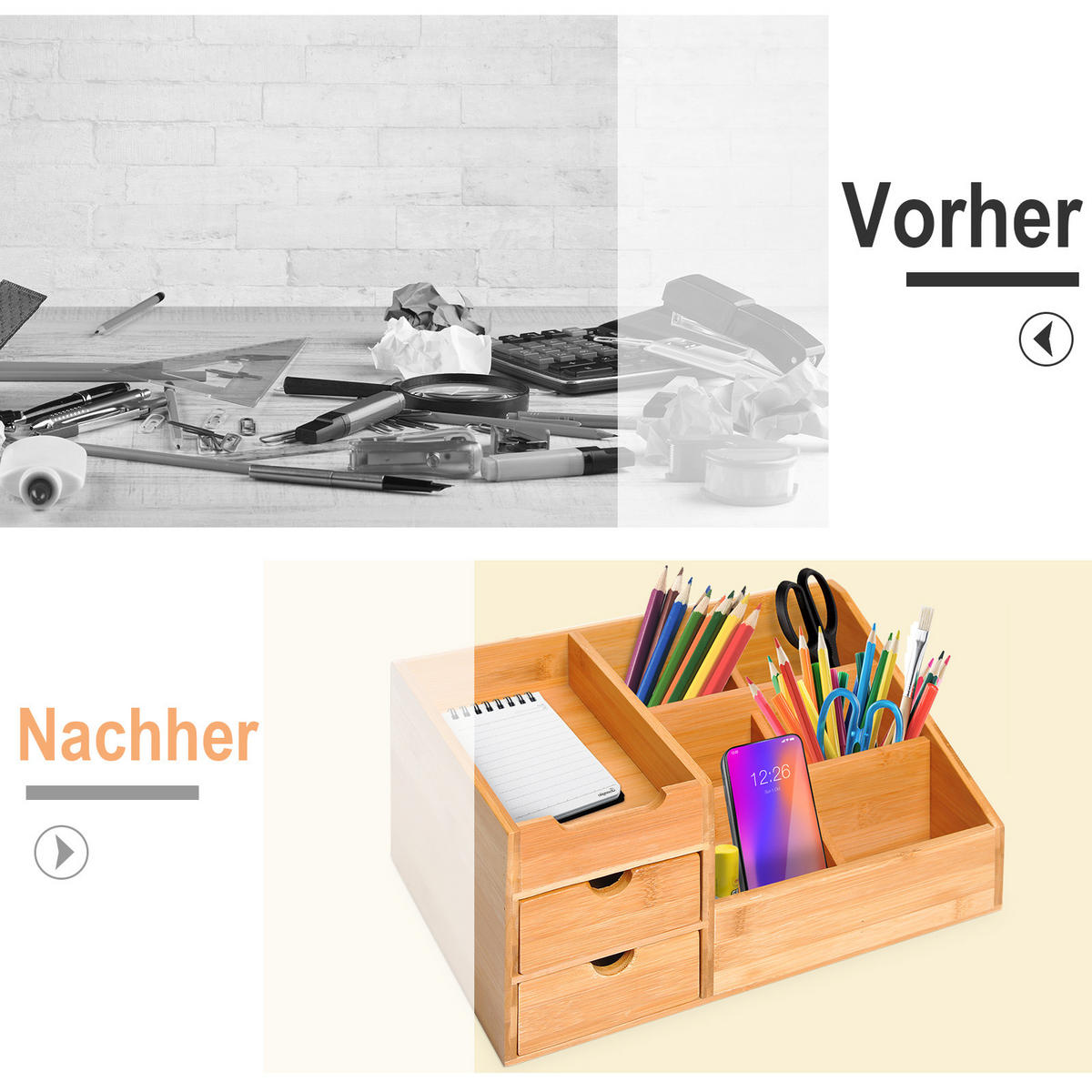 SCHREIBTISCHORGANIZER - Naturfarben, Holz (33/205/155cm) - HOMCOM