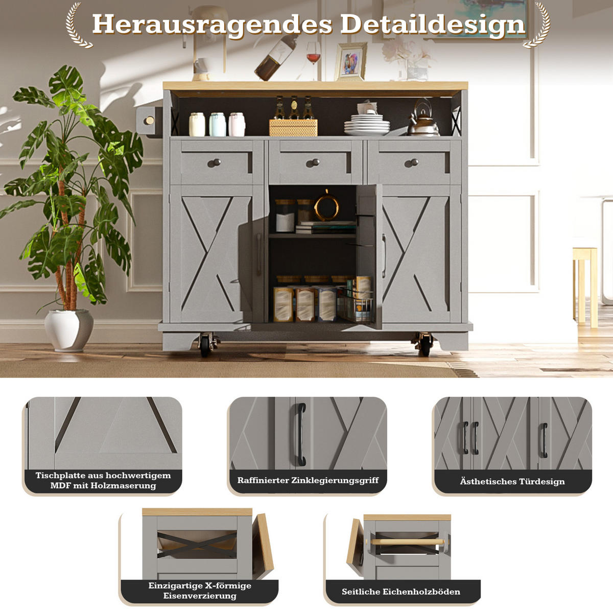 KUECHENINSEL mit Klappseite 118 x 43-80 x 98 cm Grau - Grau, Metall (43/98/118cm) - Beauniv
