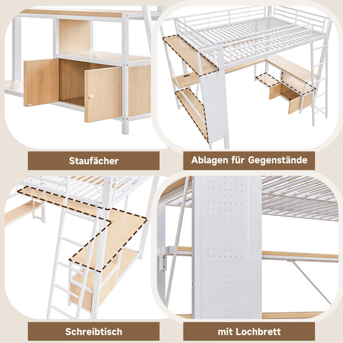 HOCHBETT aus Metall und MDF 140x200 cm Weiß mit Schreibtisch, LED-Beleuchtung, USB-Anschlüssen und Stauraum - Weiß, Metall (140/200cm) - IVMEU