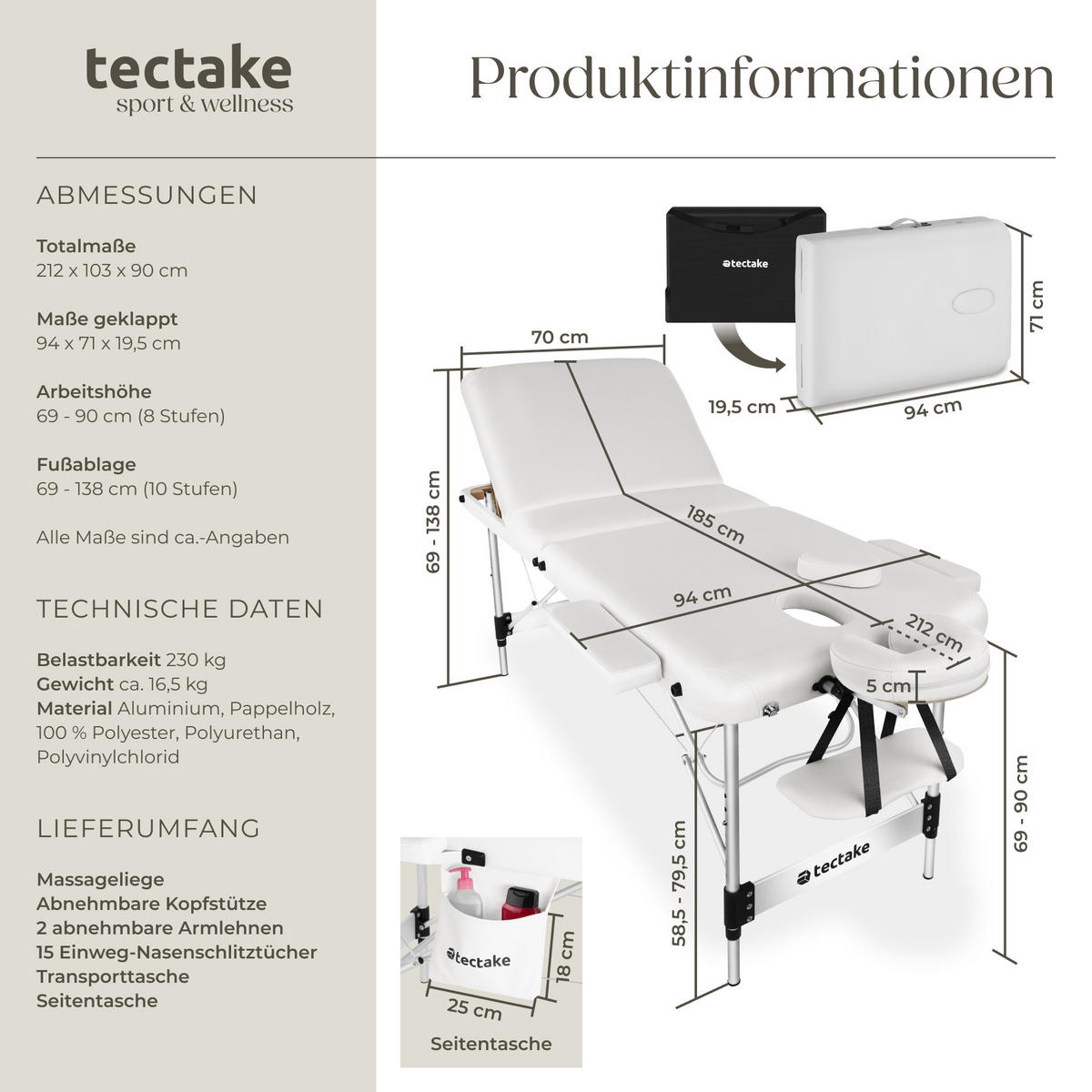 MASSAGELIEGE 3 Zonen Phuket,212 x 103 x 90 cm,weiß - Weiß, Metall (103/90/212cm) - tectake