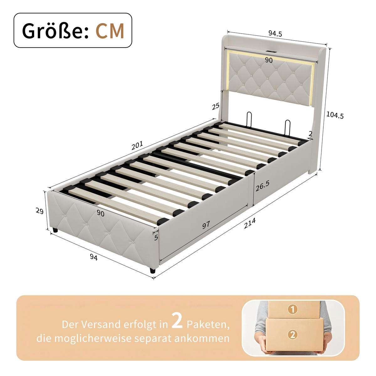 POLSTERBETT 90x200cm -Lumina-Rest- mit LED & Ladefunktion – Samt Beige - Beige, Textil (90/200cm) - DELFA