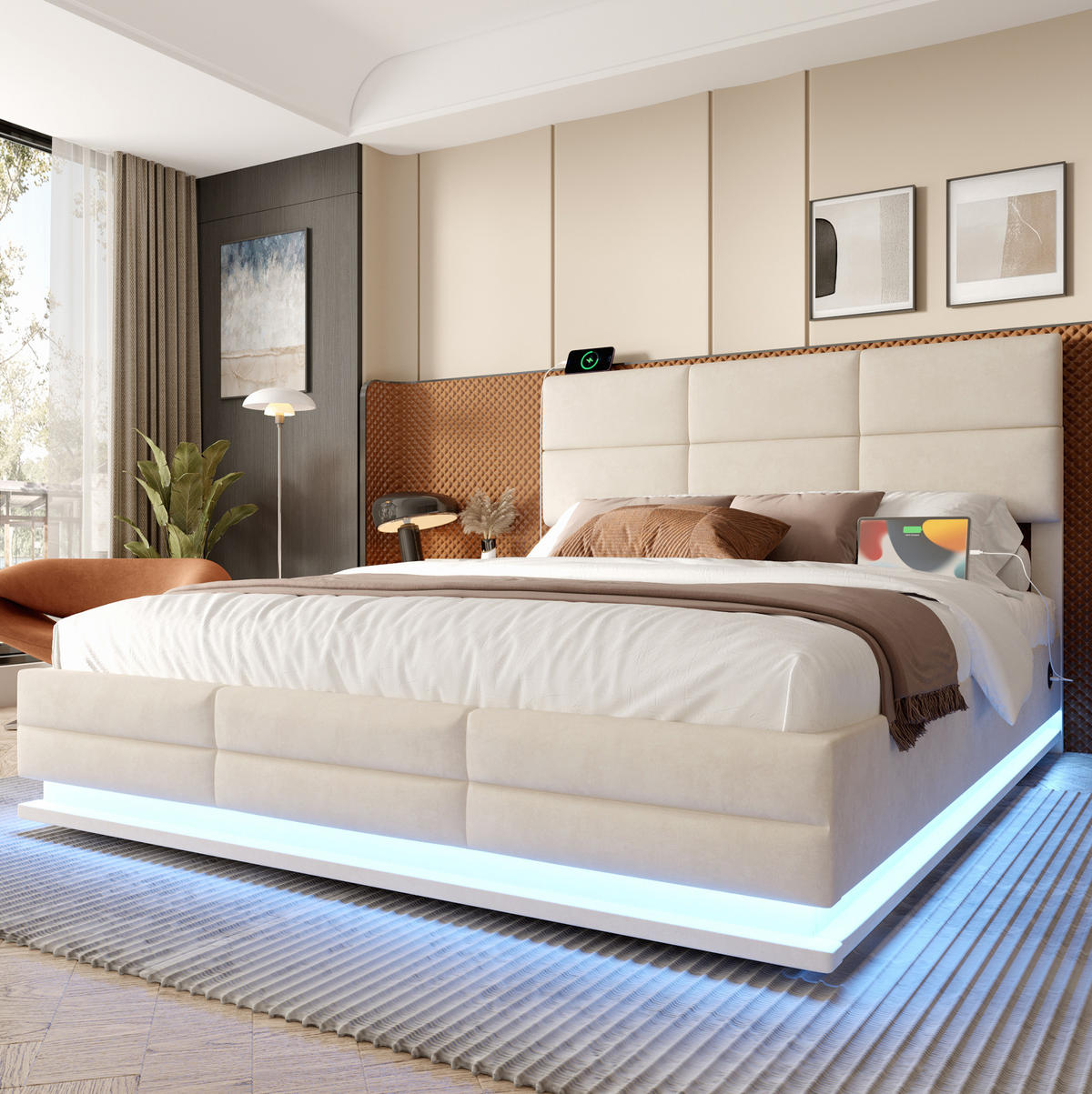 TAPECIRANI krevet 140/200 cm bež od baršuna s LED rasvjetom USB priključcima i spremištem - bež, tekstil (140/200cm) - OKWISH