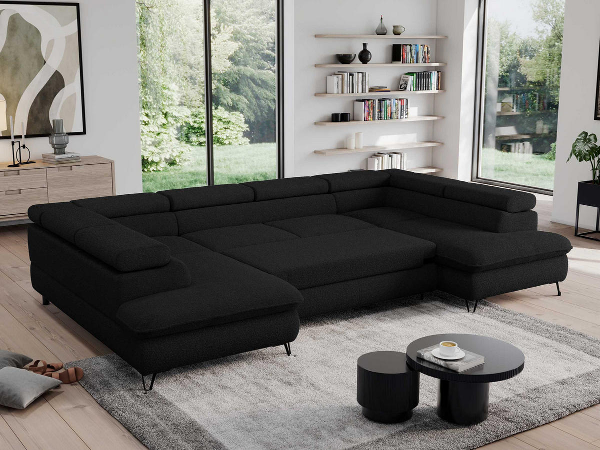 WOHNLANDSCHAFT PEDRO U Boucle Schwarz - Schwarz, Textil/Metall (346/76/208cm) - MKS