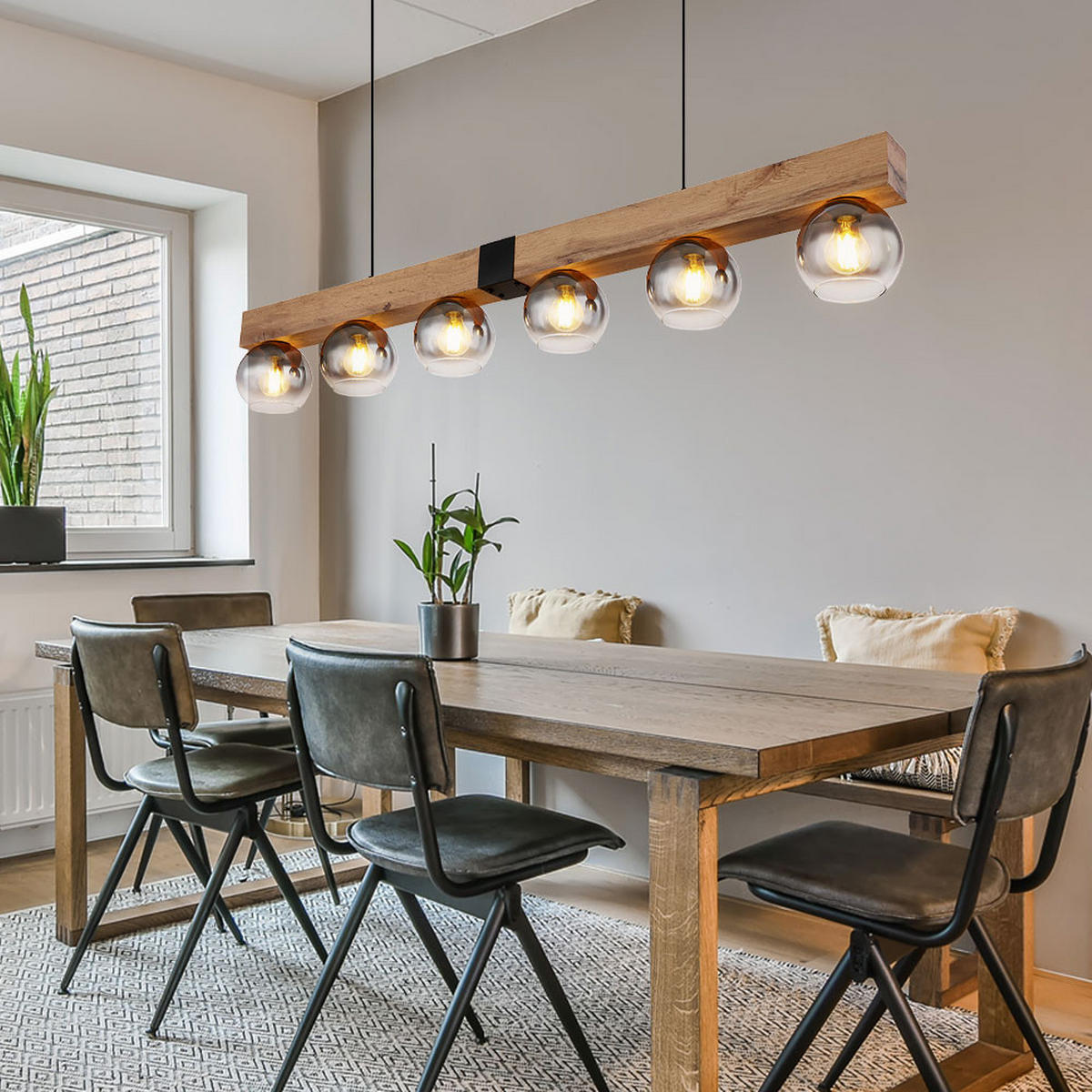 HÄNGELEUCHTE Holzoptik Braun Metall Schwarz - Braun, Glas (140/15/120cm) - Globo Lighting