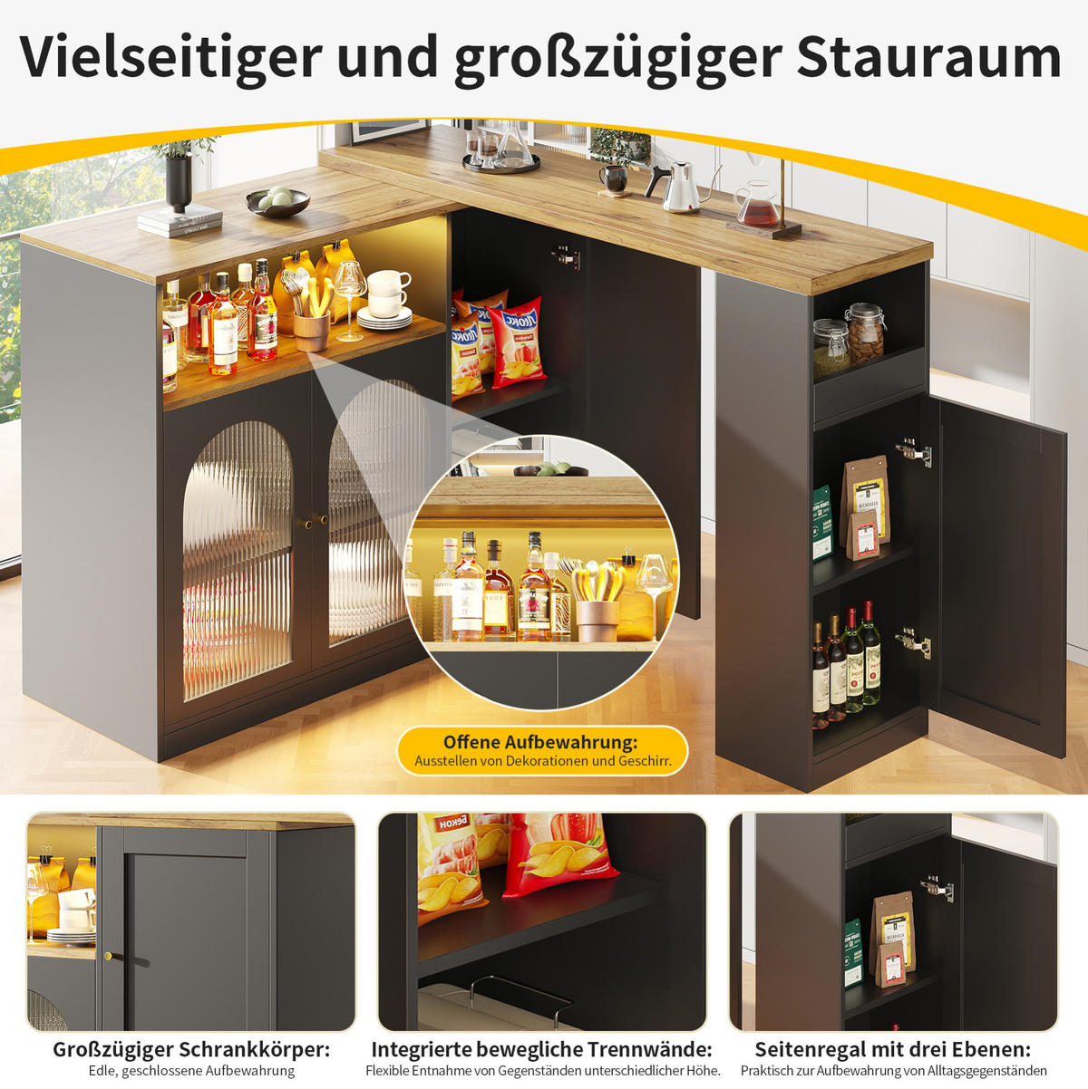 BAROVÝ stůl z MDF 197/39,6/100 cm s otočnou deskou 360°, LED osvětlením a skleněnými dvířky, Černá - černá, kompozitní dřevo (39.6/97/108cm) - Redom