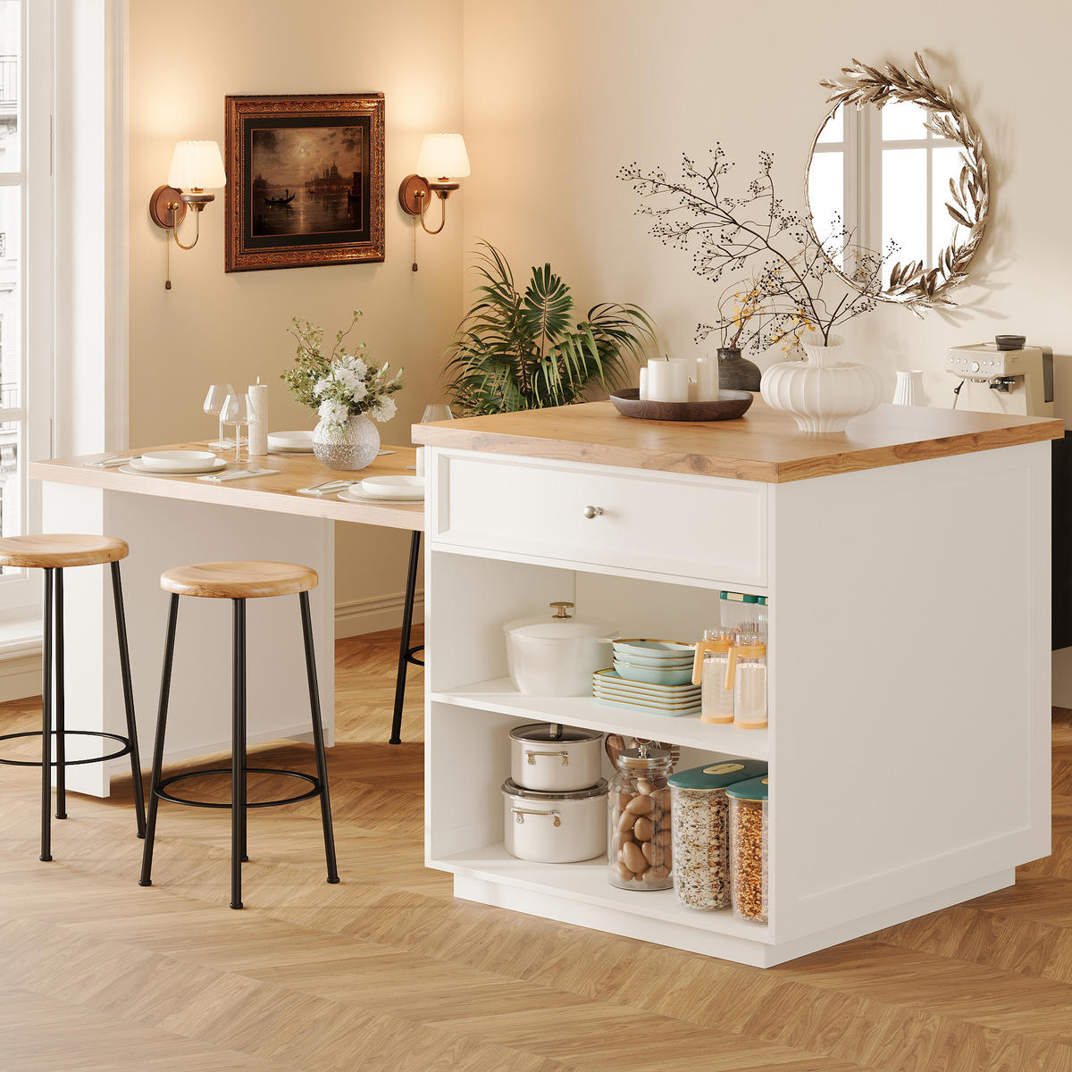KÜCHENINSEL 120-184/70/94 cm Weiß mit 4 Schubladen und Rollen - Weiß, Holz (70/94/182cm) - Oxeza