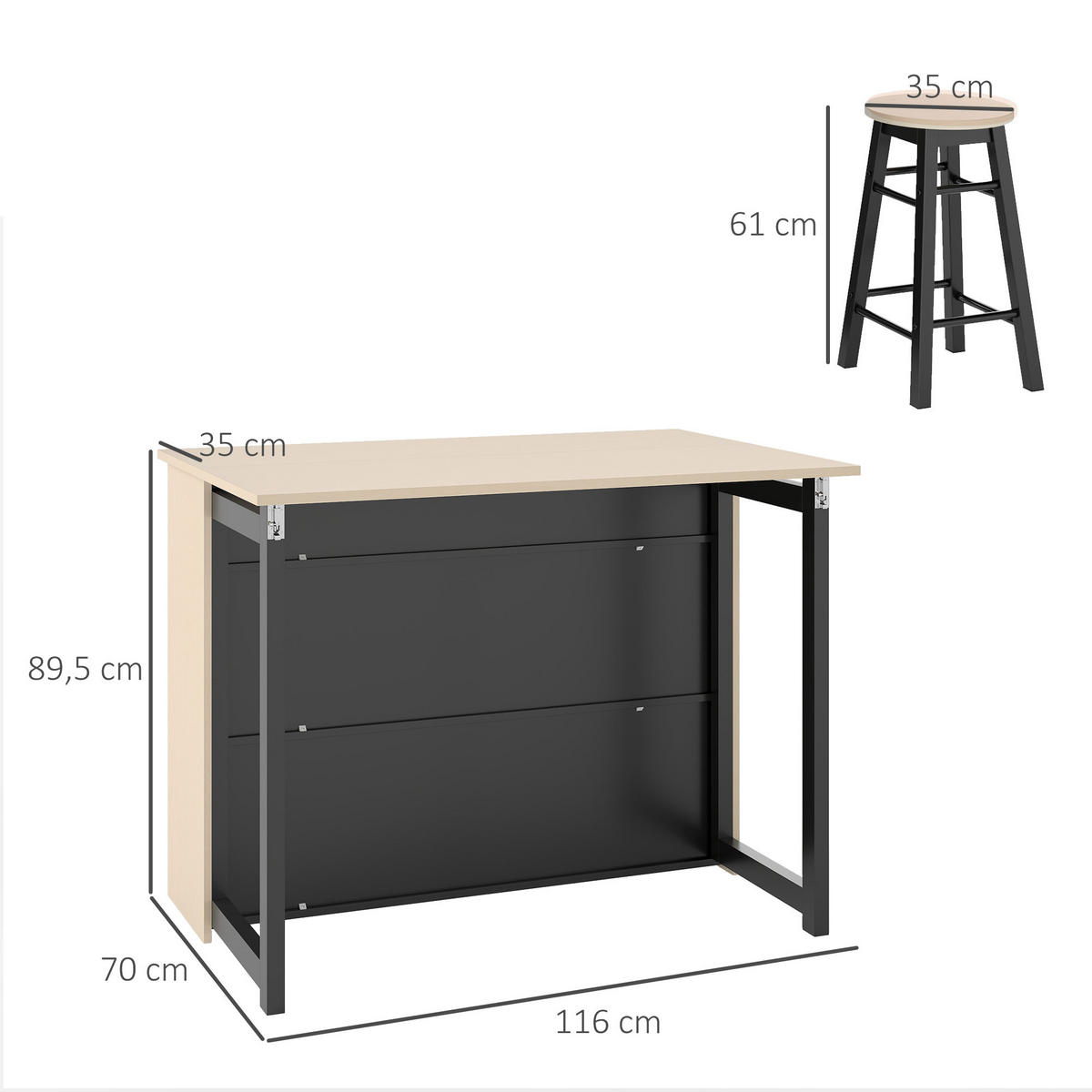 BARTISCH mit Barhocker Set, 3-teiliges Bartisch Set mit Klappbarer Tischplatte - Multicolor, Holz (70/89.5/116cm) - HOMCOM