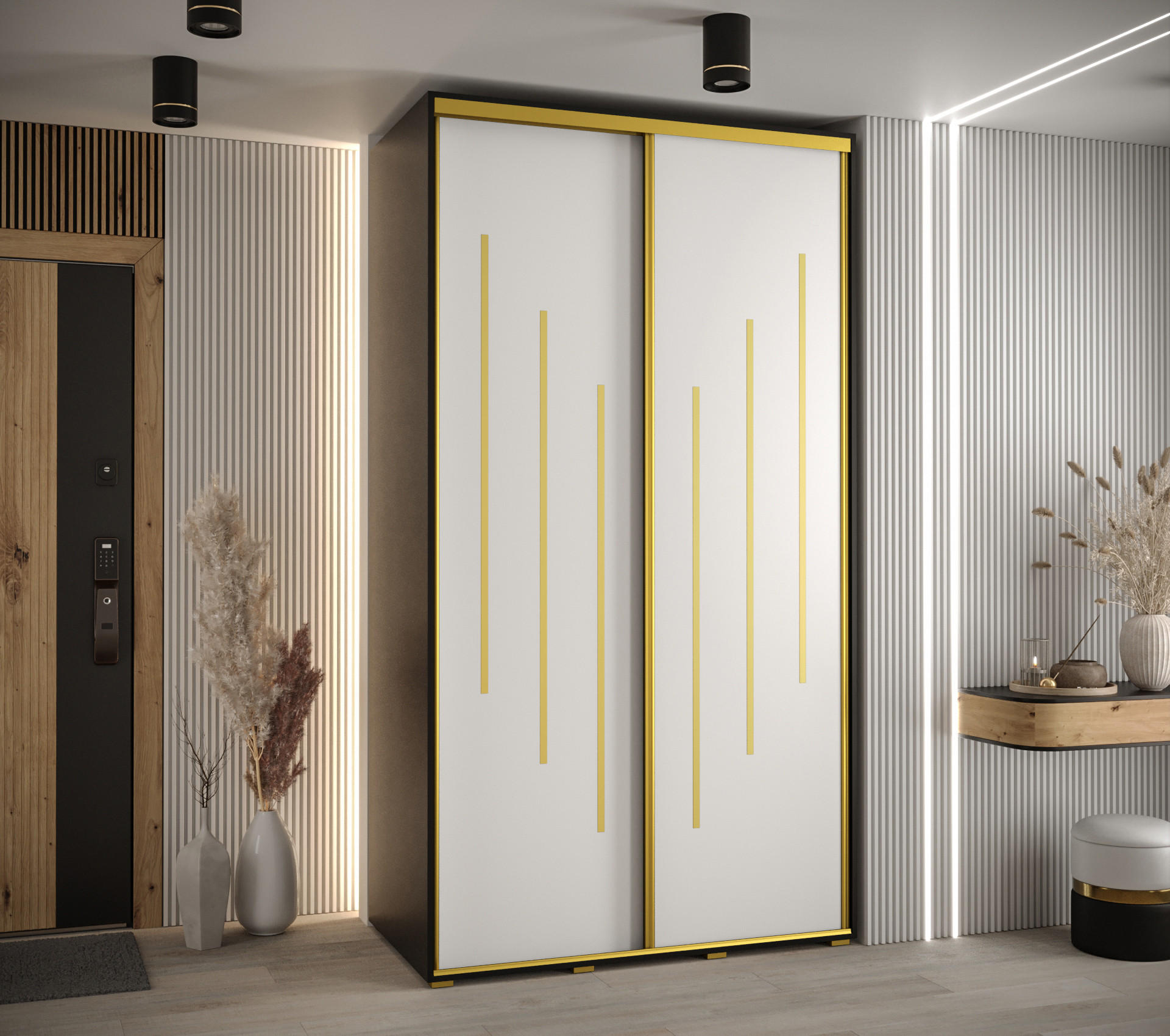 SCHWEBETÜRENSCHRANK 235,2/130/60 2-türig - Goldfarben/Schwarz, Holz/Metall (130/235/60cm) - Abiks Möbel