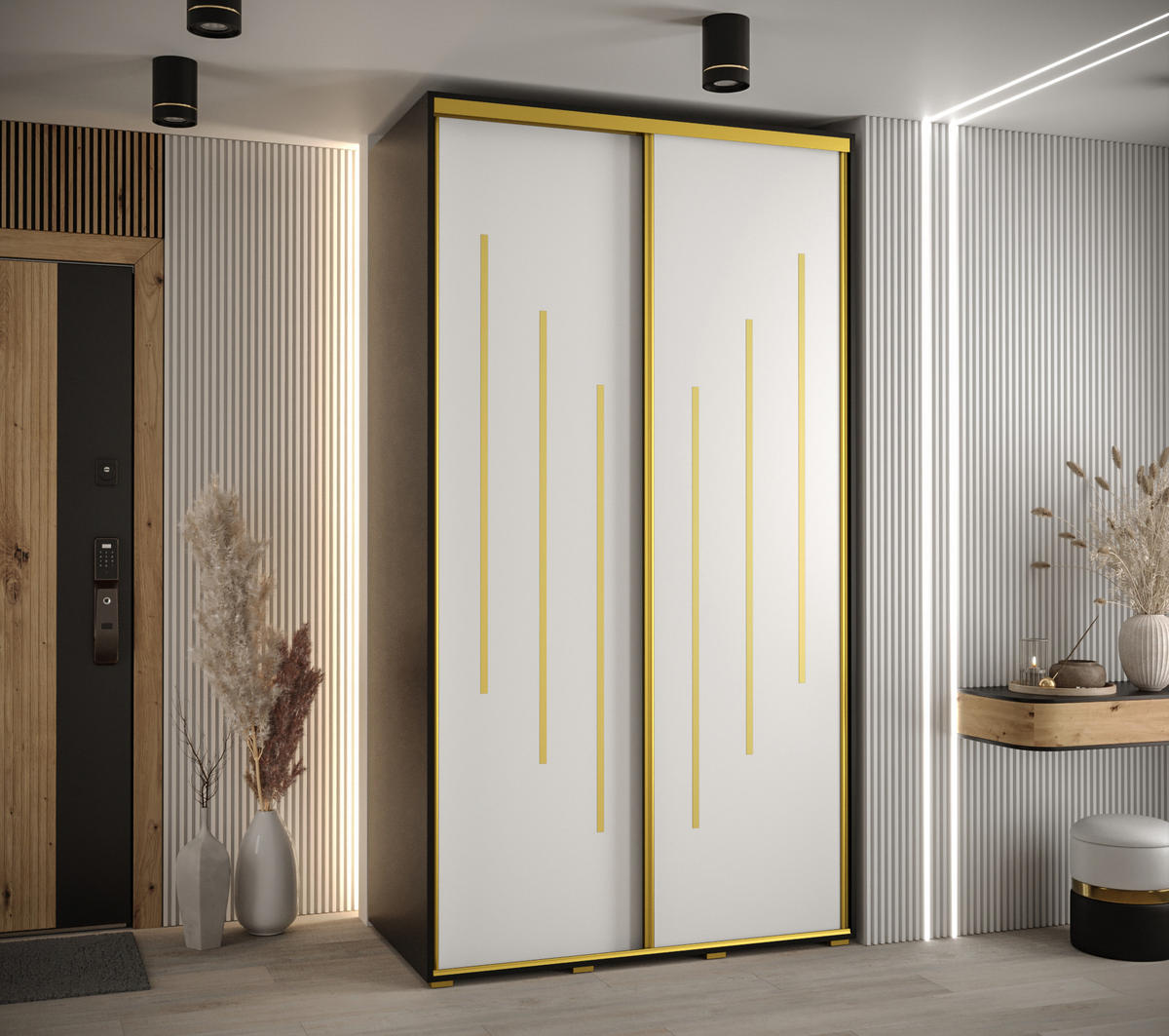 SCHWEBETÜRENSCHRANK 235,2/130/45 2-türig - Goldfarben/Schwarz, Holz/Metall (130/235/45cm) - Abiks Möbel