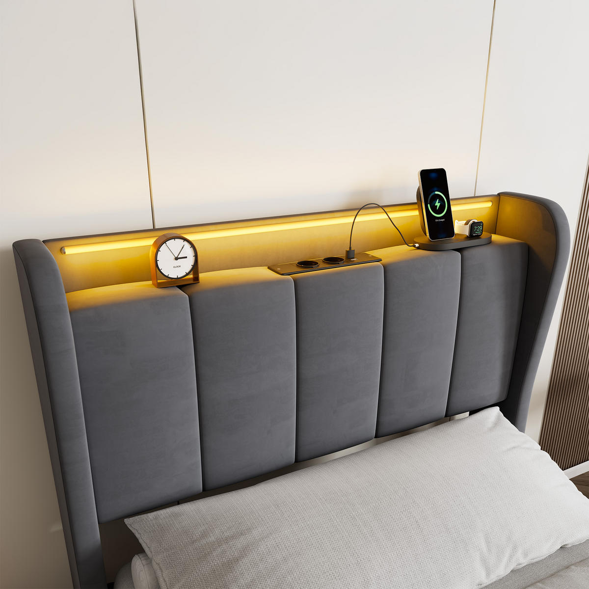 ČALOUNĚNÁ postel 90x200 cm tmavě šedá ze sametu s LED osvětlením, hydraulickým úložným boxem a nabíjecím konektorem - tmavě šedá, textil (90/200cm) - OKWISH