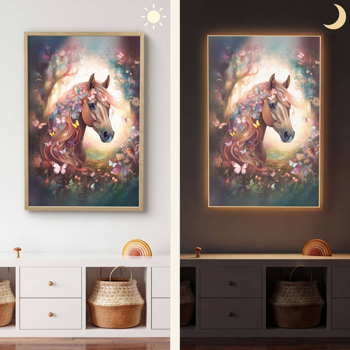 NÁSTĚNNÁ LAMPA S AKUMULÁTOREM Kůň - Příroda - Květiny - Motýli - Les 70x100 cm - tmavě hnědá, kompozitní dřevo (70/100/8cm) - OnlyWow