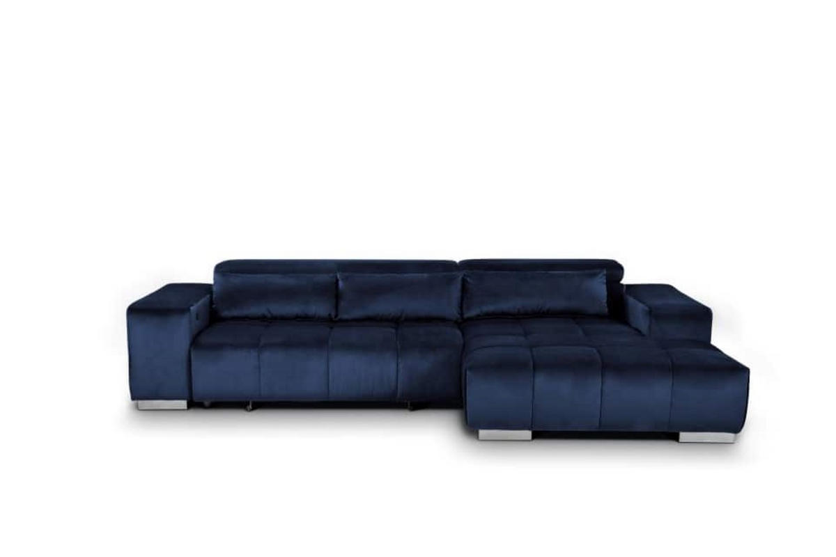 ECKSOFA mit elektrischem Sitzvorschub und verstellbaren Kopflehnen - Chromfarben/Dunkelblau, Textil (186/307cm) - Cotta