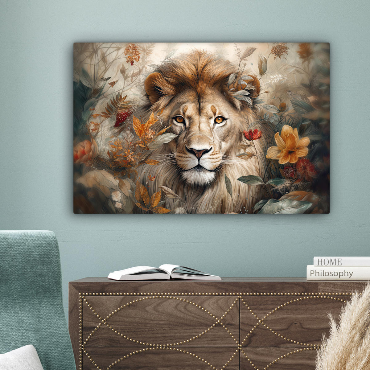 LEINWANDBILD Löwe - Wildtiere - Pflanzen - Natur - Blumen Wanddeko 90x60 cm - Beige, Textil (90/60cm) - MuchoWow