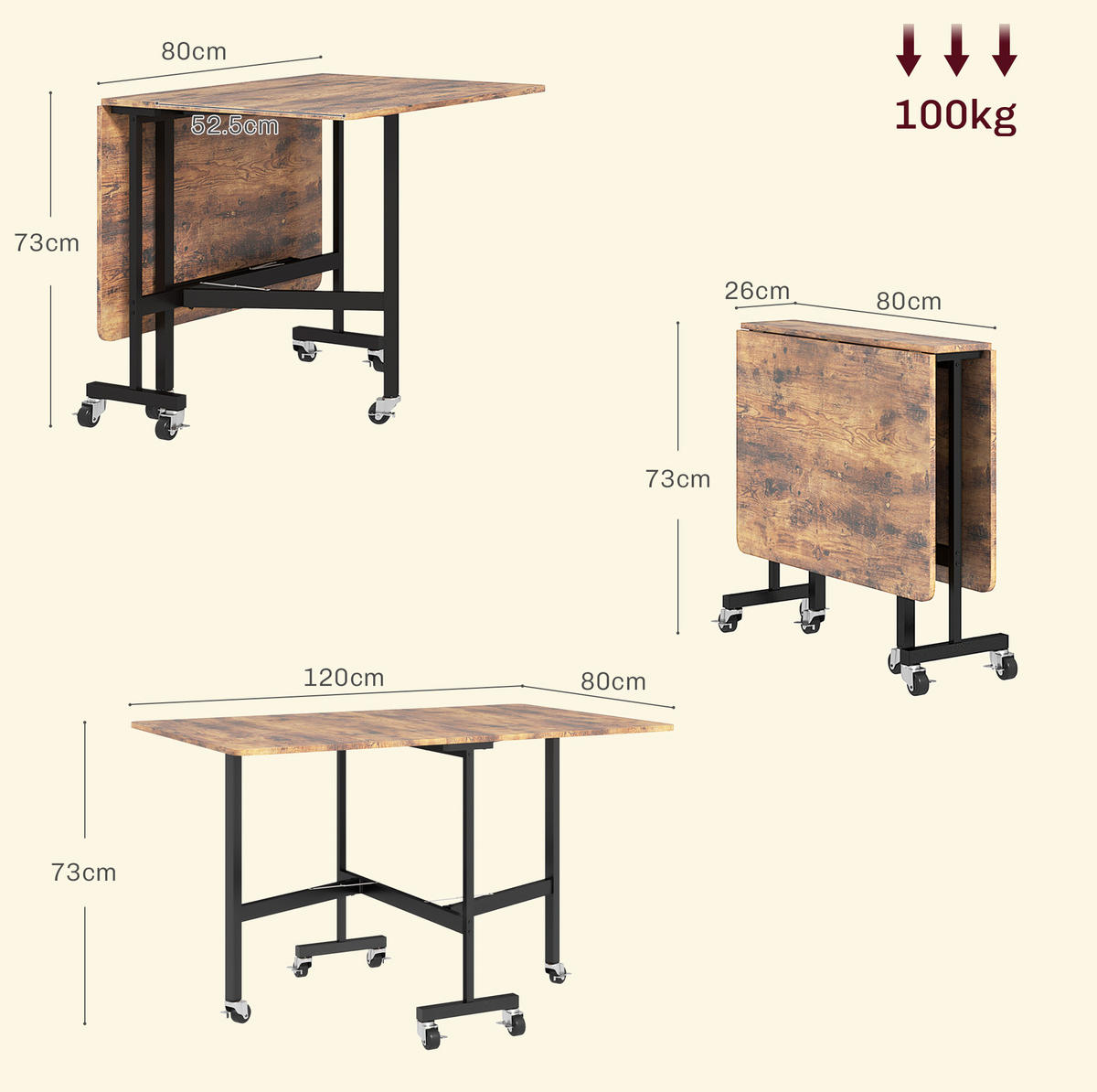 ESSTISCH 120/80/73 cm klappbar mit 6 Rollen und Bremsen, platzsparend, Holz, Rustikales Braun - Braun, Holz (120/80/73cm) - Redom