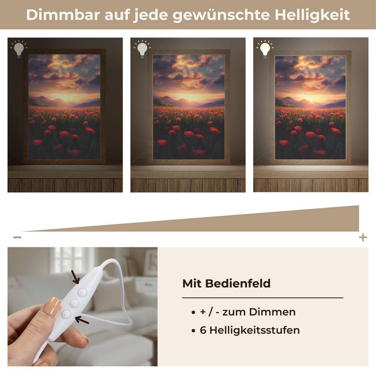 WANDLEUCHTE Landschaft - Sonnenuntergang - Blumenfeld 20x30 cm - Rot, Holzwerkstoff (20/30/8cm) - OnlyWow