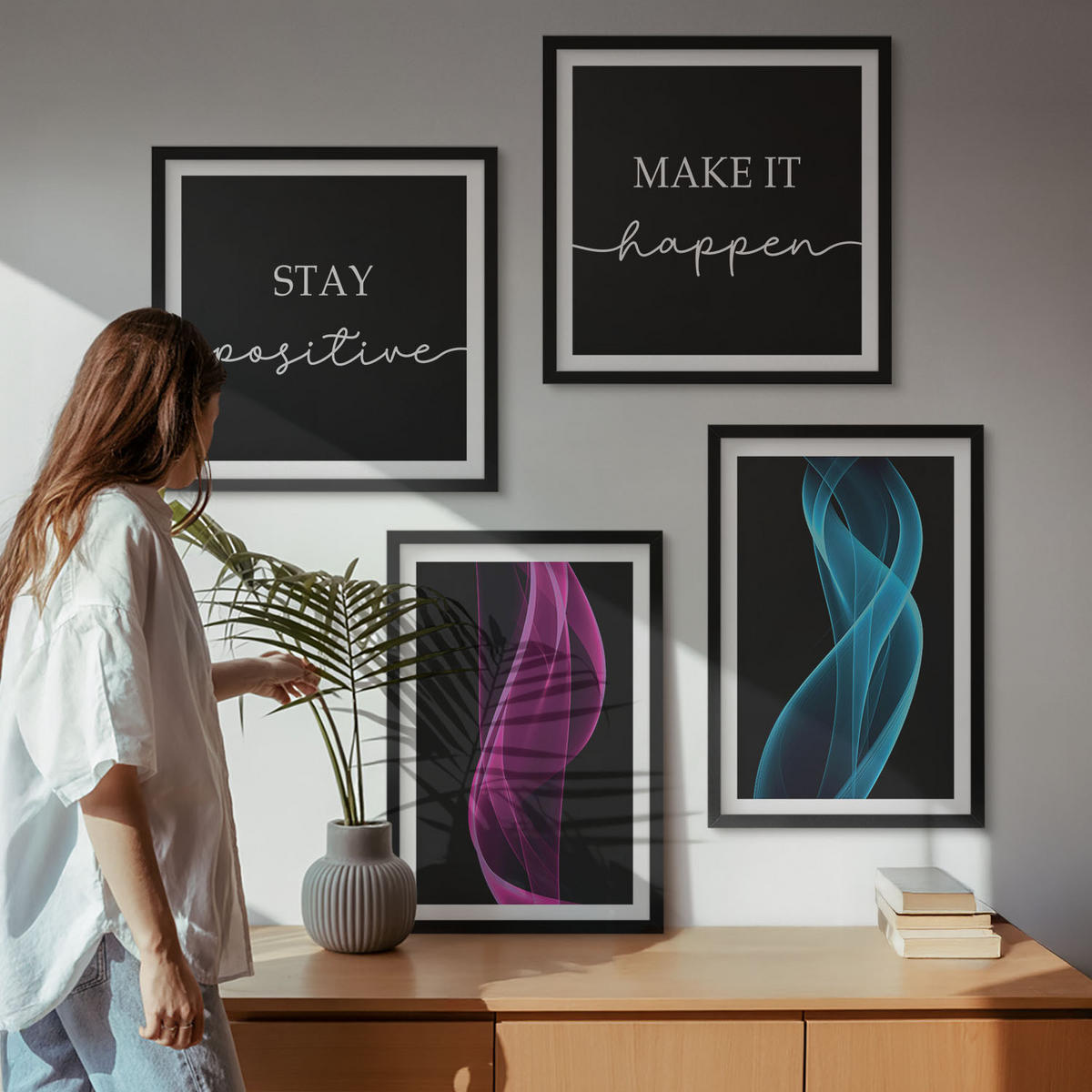 WANDBILDER 4er-Set - 50x50 cm & 40x60 cm Schwarzer Rahmen - Neonlinienwellen im Hintergrund - Schwarz, Kunststoff (50/50cm) - ArtPrintCave