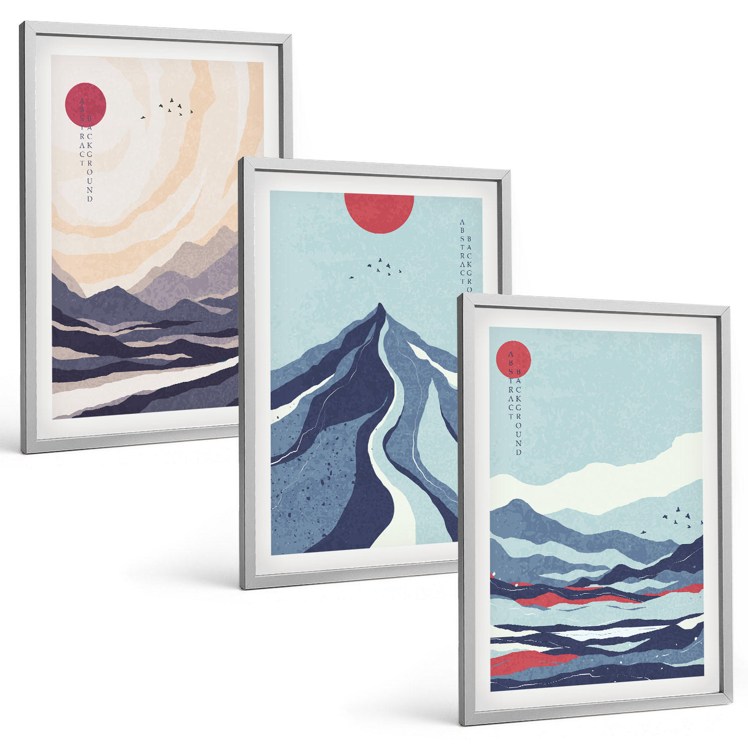 BILDER SET 3er Set - 40x60 cm Silberner Rahmen - Abstrakte japanische Berge - Silberfarben, Kunststoff (40/60cm) - TULUP