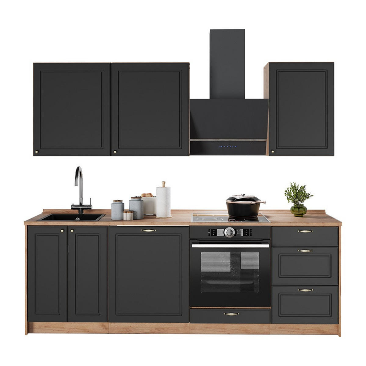 KÜCHENZEILE Fame-Line, Anthrazit-Gold Landhaus/Goldkraft Eiche, 230 cm, AP Eiche - Honigeiche/Anthrazit, Holzwerkstoff (230/206.8/60cm) - Vicco
