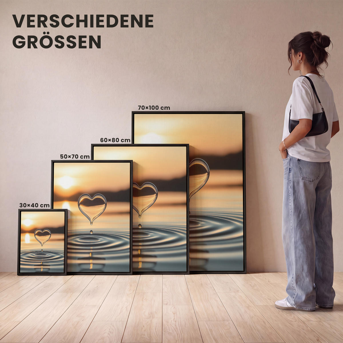 LEINWAND Bilder mit Rahmen - Herz - Wasser - Sonnenuntergang - Natur - Zen - 50x70 - Bernsteinfarben, Textil (50/70cm) - MuchoWow