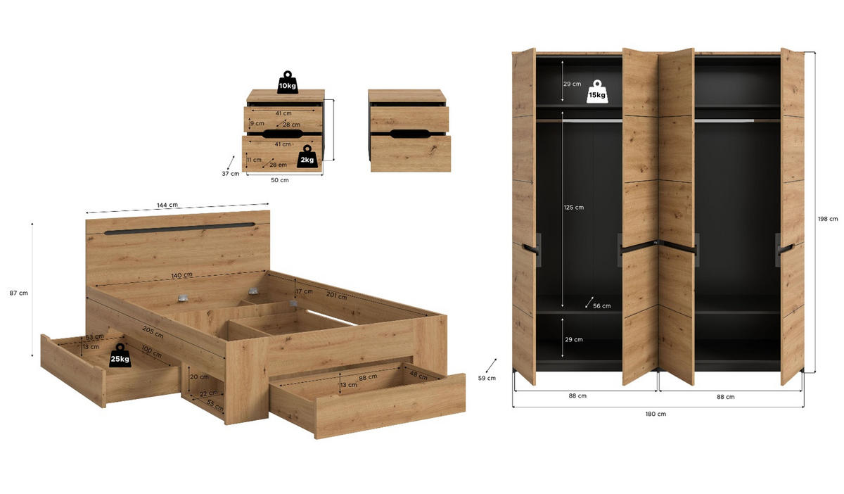 SCHLAFZIMMER Eiche Artisan, grau 4-teilig, Set mit Kleiderschrank, Bett und 2x Nachttisch - Eiche Artisan/Grau, Holzwerkstoff/Metall - Inn.Furn