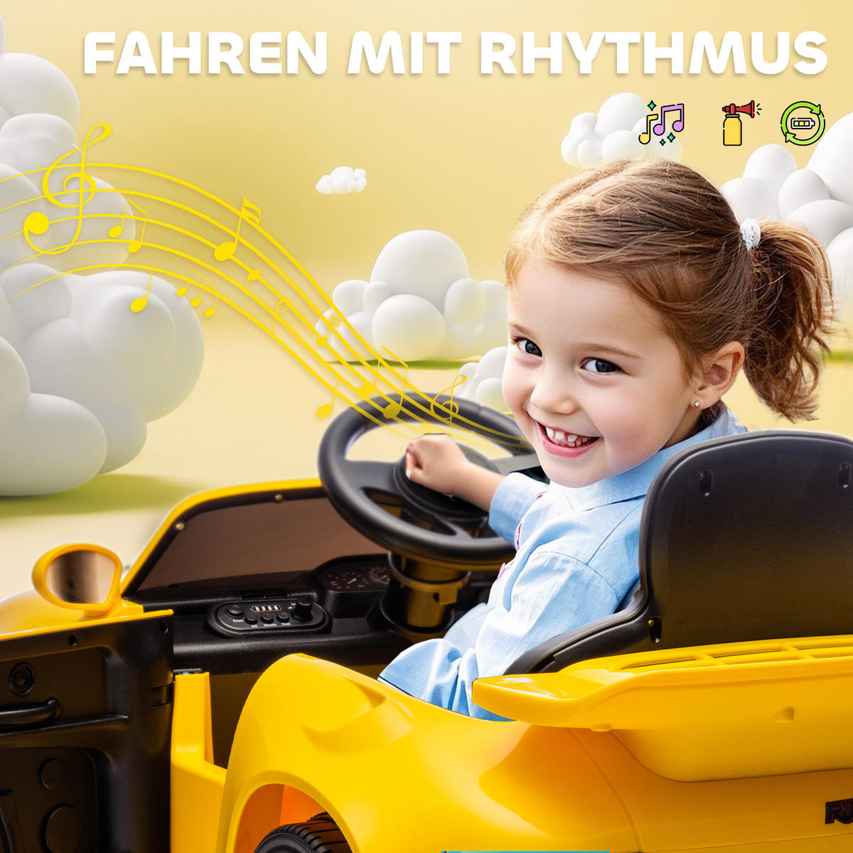 KINDER-ELEKTROAUTO 12V Kinderauto mit 2,4 GHz Fernbedienung, 2 Motor, Softstart - Gelb, Metall (103/55/44cm) - AIYAPLAY