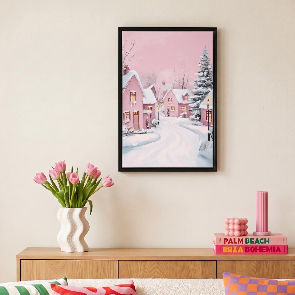 LEINWAND Bilder mit Rahmen - Weihnachtsdorf - Rosa - Winter - Schnee - Häuser - 20x30 - Altrosa, Textil (20/30cm) - MuchoWow