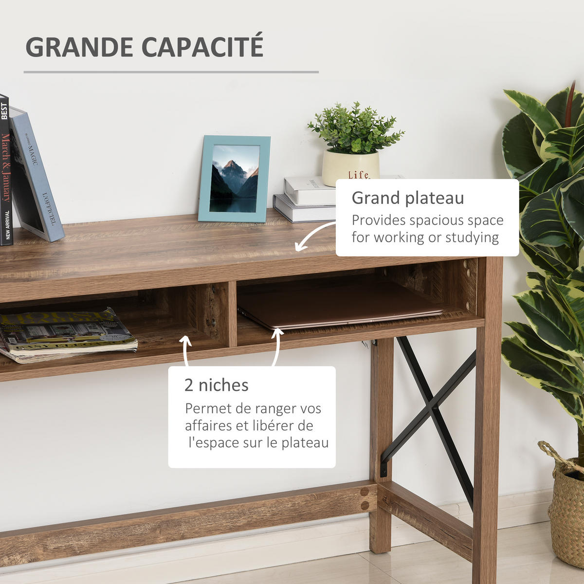 SCHREIBTISCH Schwarz und Braun Holzoptik mit 2 offenen Fächern 110/48/76 cm - Braun, Holz (48/110/76cm) - PANGIVO