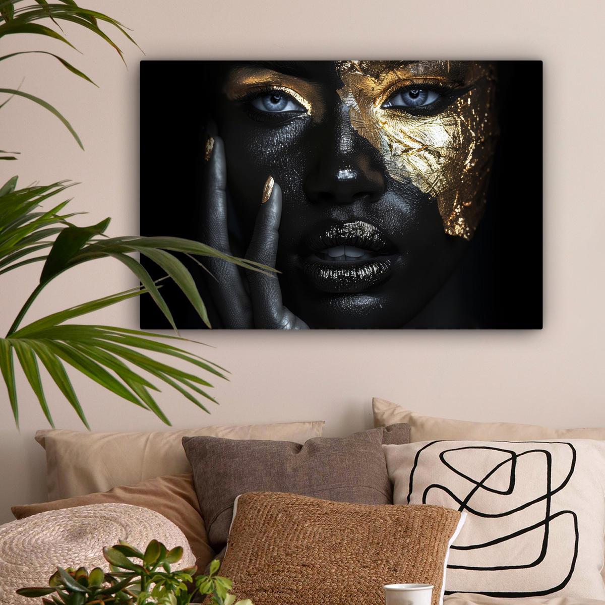 LEINWANDBILD Frau - Gold - Porträt - Schwarz-Weiß - Luxus Gemälde 60x40 cm - Hellblau, Textil (60/40cm) - MuchoWow