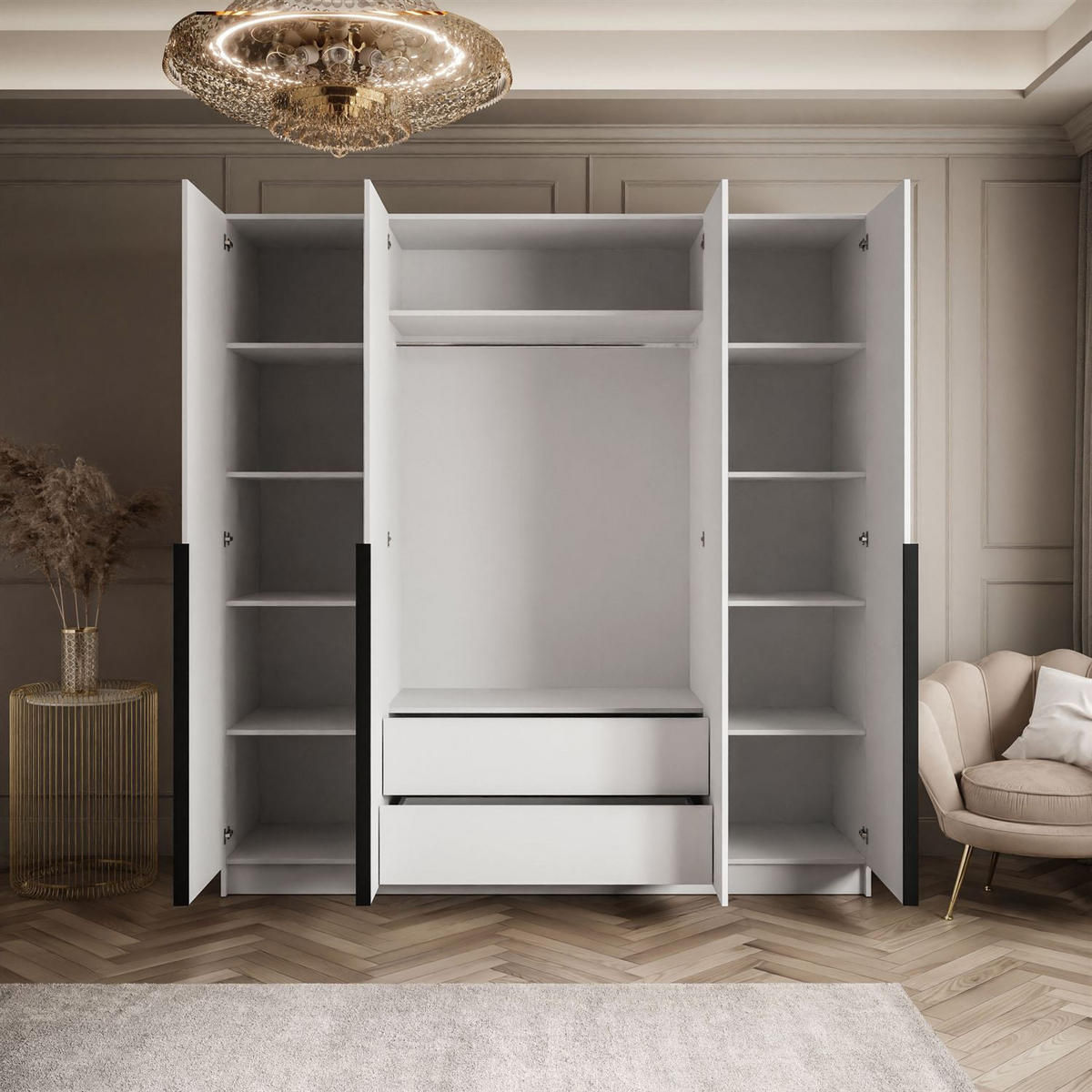 KLEIDERSCHRANK AUREL 4D in Weiß hochglanz mit Spiegel mit schwarzen Griffen - Weiß Hochglanz/Schwarz, Holzwerkstoff (200/200/57cm) - Lookway