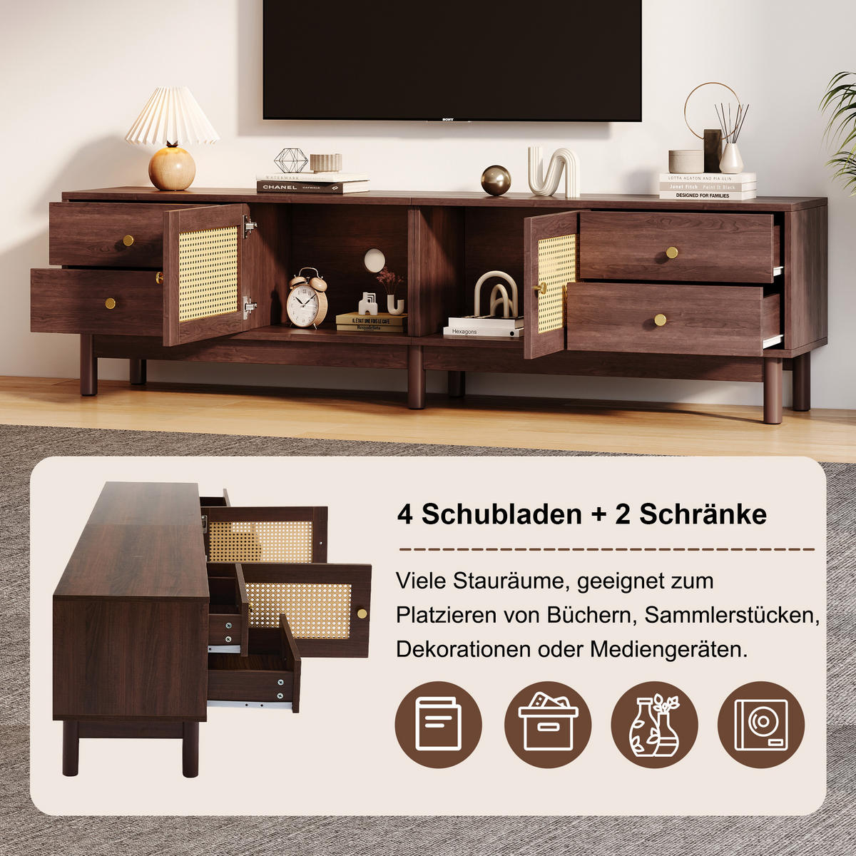TV-ELEMENT 180/35/44 cm Braun mit 2 Rattantüren und 4 Schubladen - Braun, Holz (172/35/44cm) - Oxeza