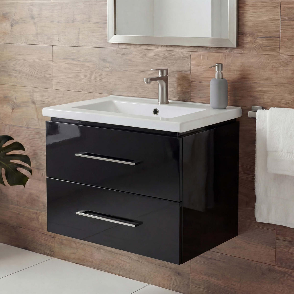 PREMIUM WASCHBECKEN+UNTERSCHRANK Hochglanz Schwarz - Schwarz Hochglanz, Keramik (61/54/48cm) - MCW