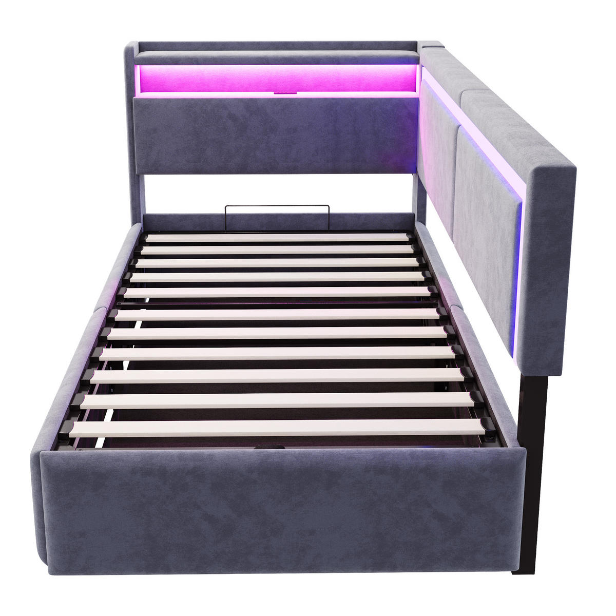 SCHLAFSOFA 90/200 cm in Dunkelgrau Samt mit Bettkasten, LED und USB - Grau, Holzwerkstoff/Textil (90/200cm) - WISHDOR