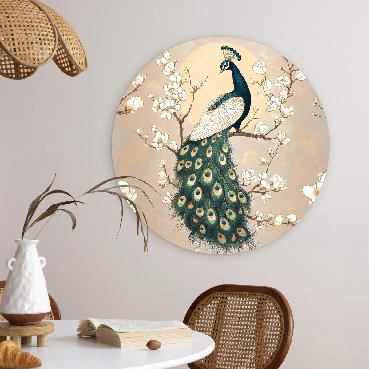 WANDBILD Pfau - Zweig - Blumen 60x60 cm - Champagner, Kunststoff (60/60cm) - MuchoWow