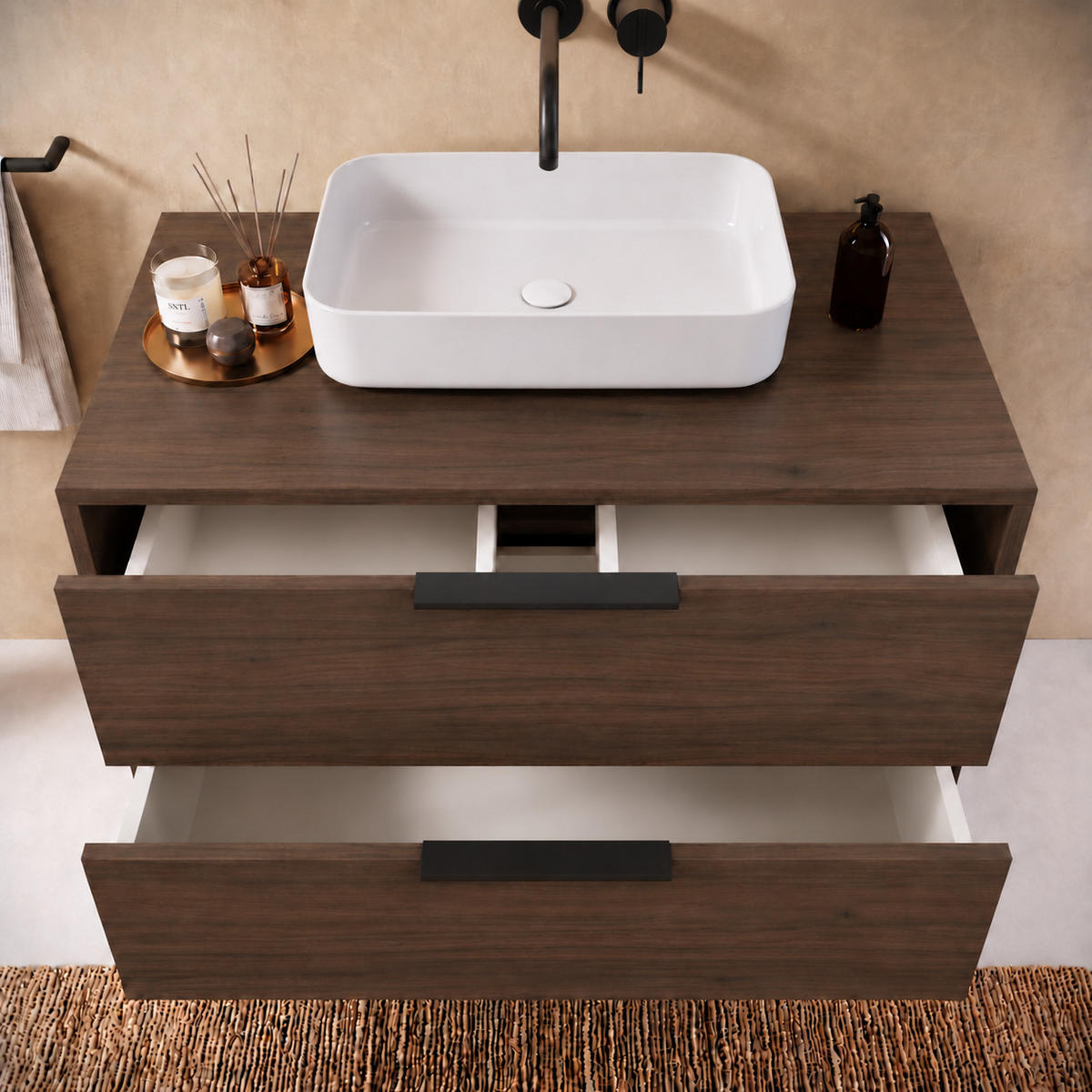 WASCHBECKENUNTERSCHRANK Livorno 2 Schubladen Walnuss Braun - 80 x 46 x 46 cm - Walnussfarben, Holz (80/46/46cm) - Badplaats