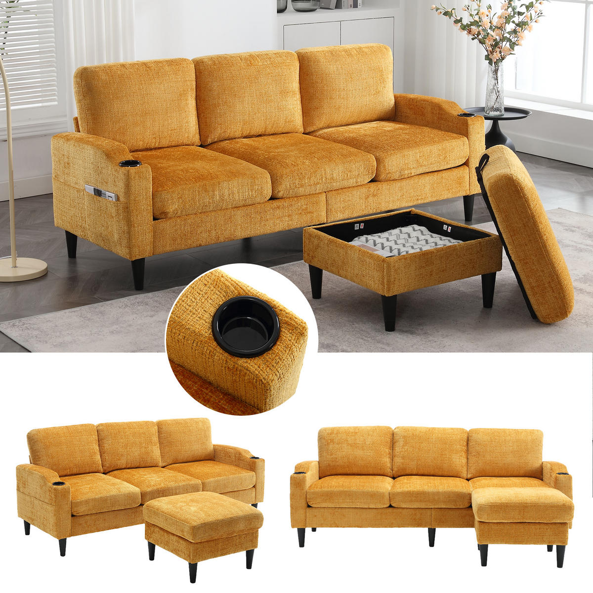 ECKSOFA 163/121/66 cm Gelb mit 1 Aufbewahrungshocker, Aufbewahrungstasche und Getränkehalter - Gelb, Textil (196.5/75cm) - Oxeza